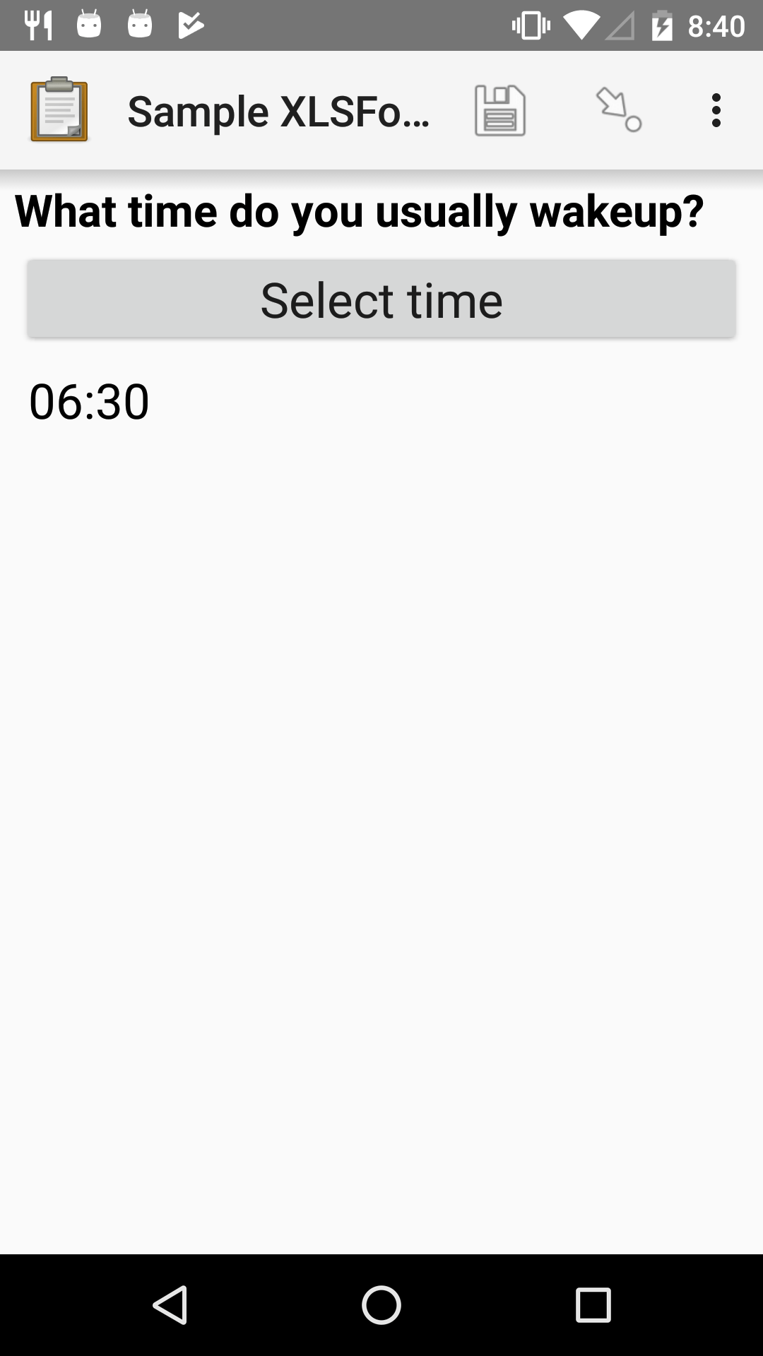 The Time form widget as displayed previously. Below the "Select time" button is "06:30".