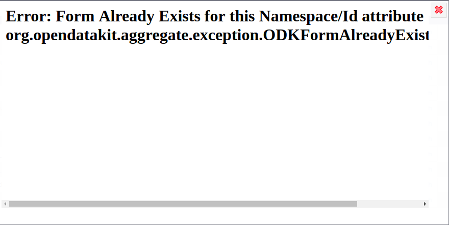 Image showing error message when trying to re-upload a form with changed question type or name.