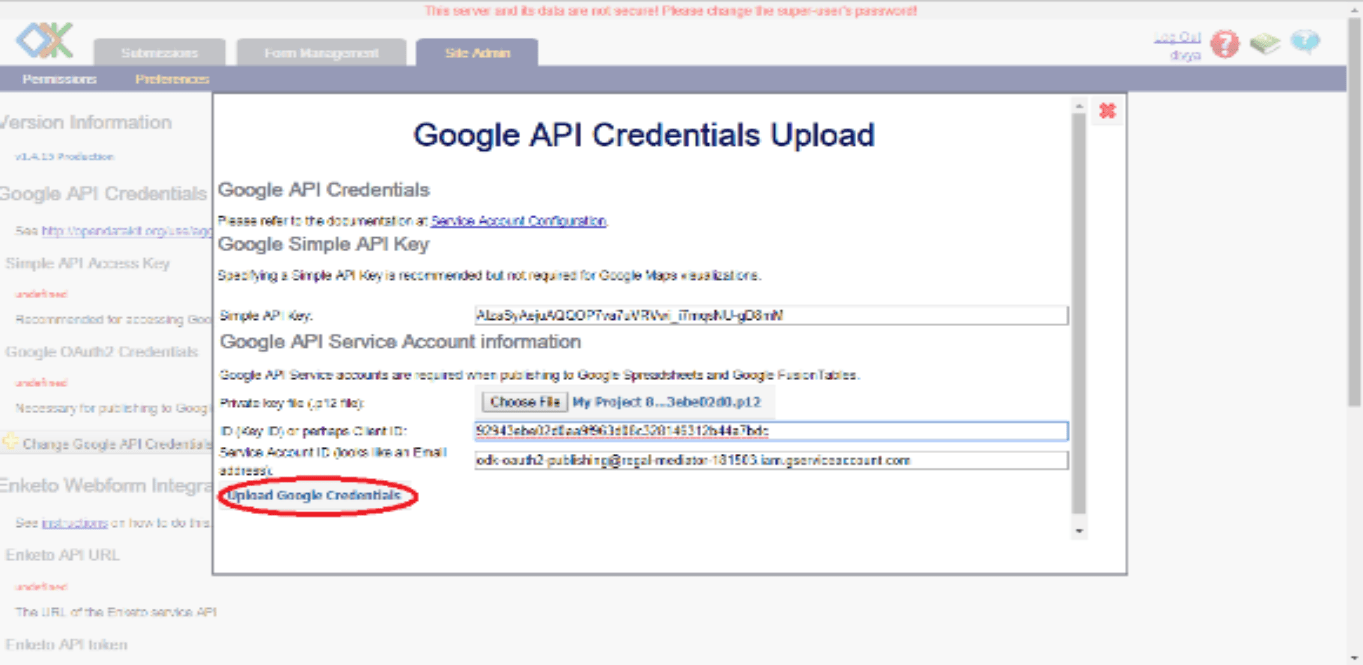 Image showing Google API Credentials Upload dialog box.