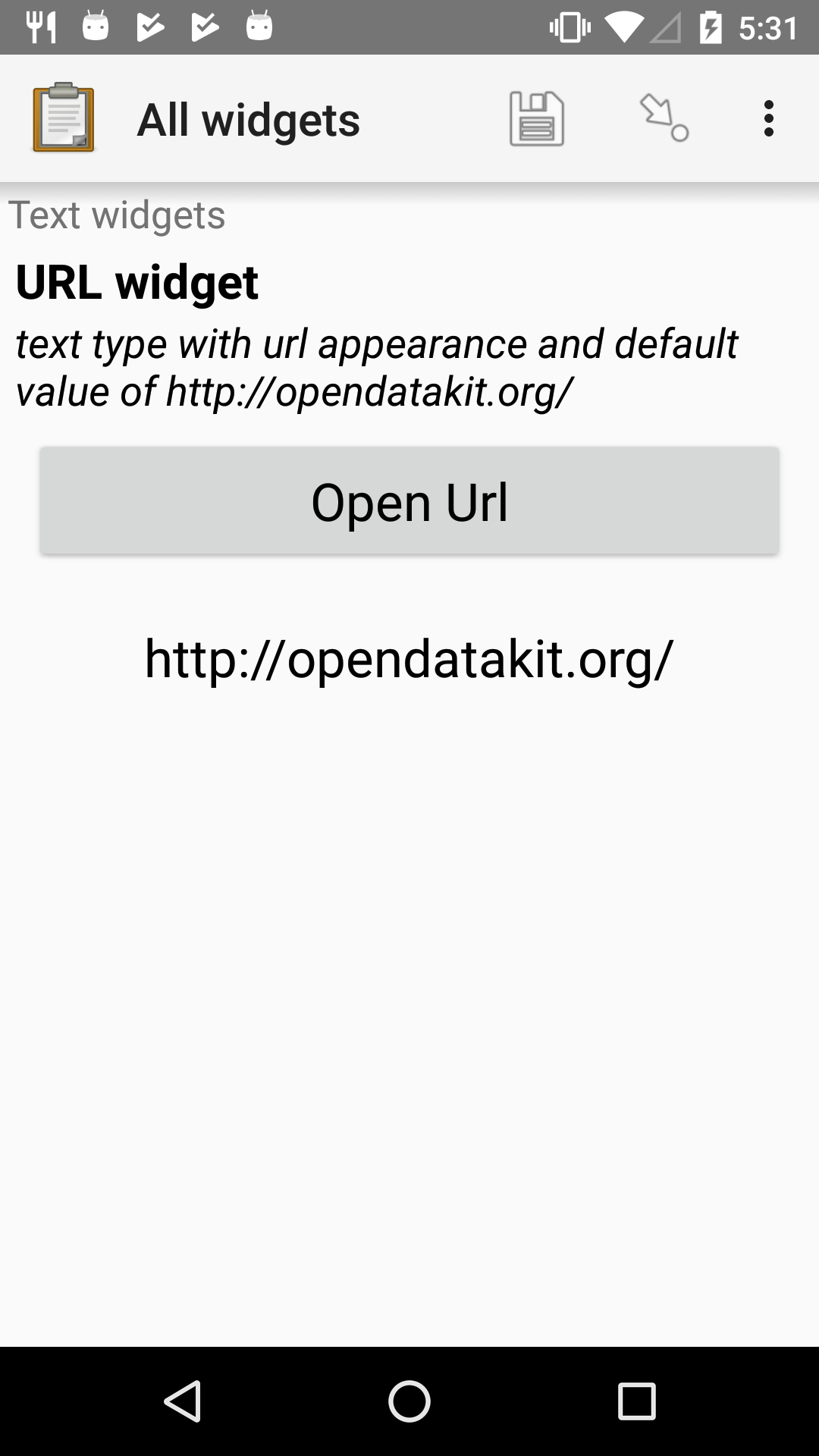 The URL form widget, as displayed in the ODK Collect app on an Android phone. The question text is "URL Widget." The hint text is "text type with url appearance and default value of https://getodk.org/" Below that is a button labeled, "Open URL." Below the button is the URL, "https://getodk.org/" Above the question text is the form group name "Text widgets."