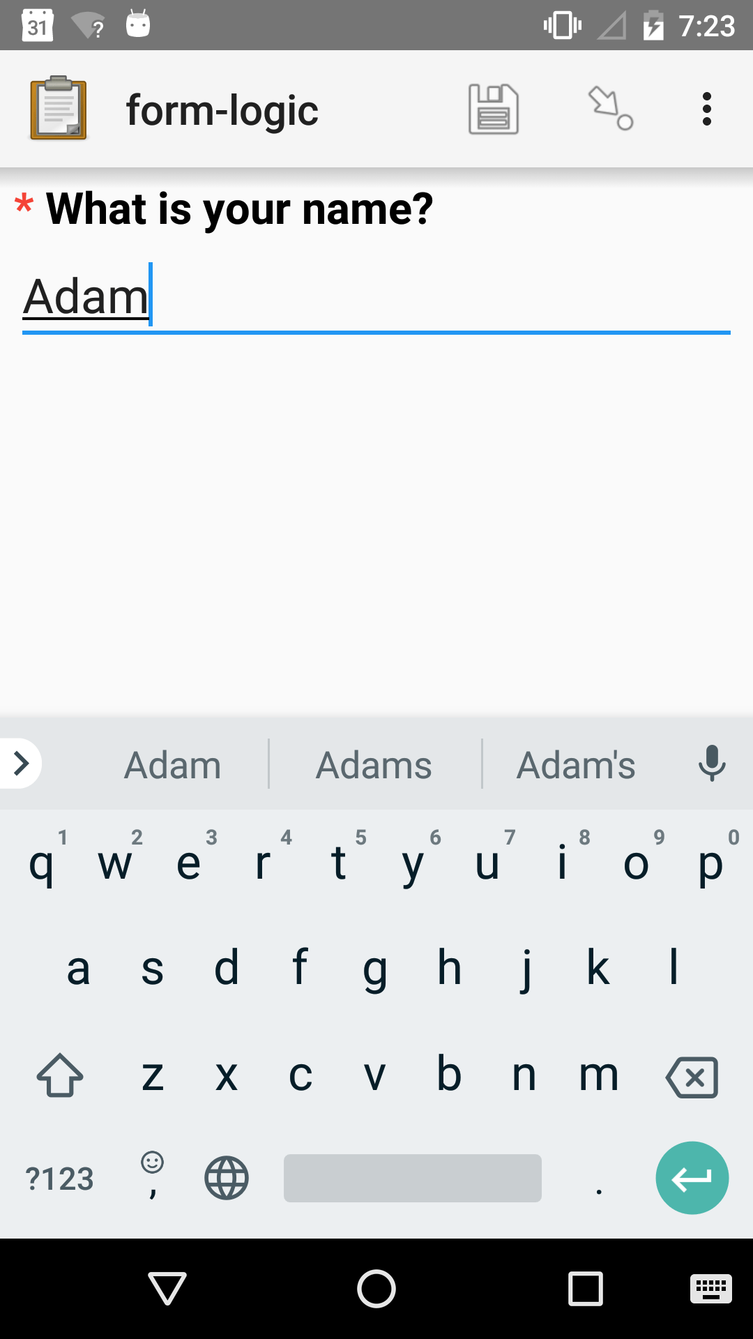 A text widget in Collect. The question is "What is your name?" The entry field has the value "Adam".