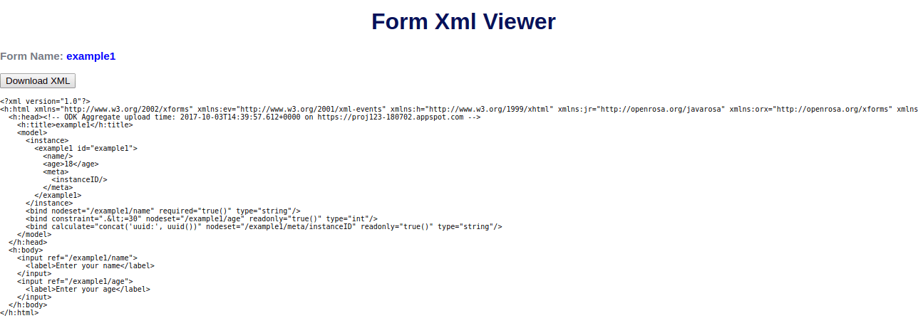 Image showing xml viewer for form.