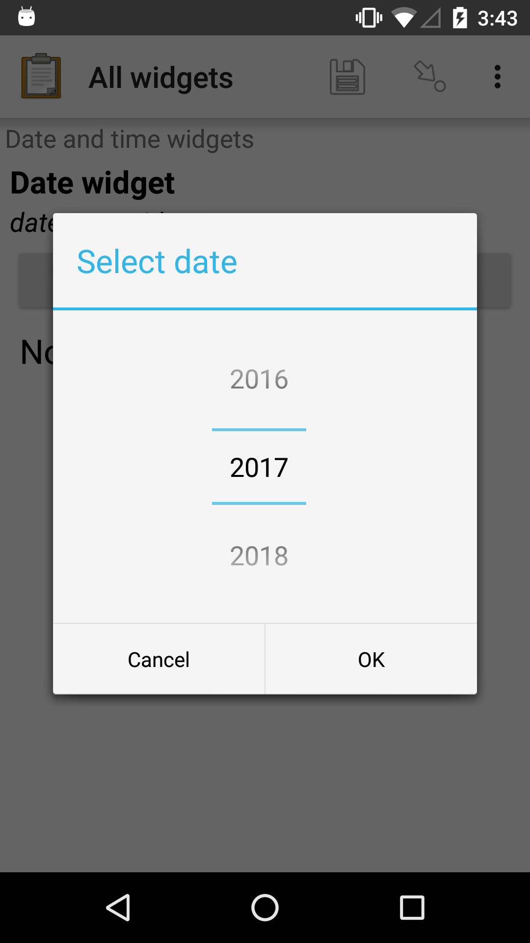 The Year form widget, with a model popup labeled "Select date." There is a single "spinner" type selector for year. At the bottom are Cancel and OK buttons.